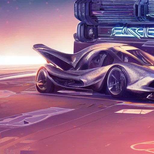 Image similar to car : motherboard forms designed by zaha hadid, a bit of graffiti forms sci-fi futuristic ultra realistic photography, keyshot render, octane render, unreal engine 5 render, high oiled liquid glossy specularity reflections, ultra detailed, golden hour, dramatic lighting 4k, 8k, 16k in the style ofblade runner 2049 Cyberpunk 2077 ghost in the shell thor 2 marvel film : tilt shift: sharp focus