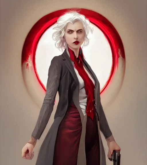 Prompt: female vampire, gold waistcoat, red shirt, grey hair, red necktie, cinematic, stunning, highly detailed, digital painting, artstation, smooth, hard focus, full body shot, illustration, art by artgerm and greg rutkowski and alphonse mucha