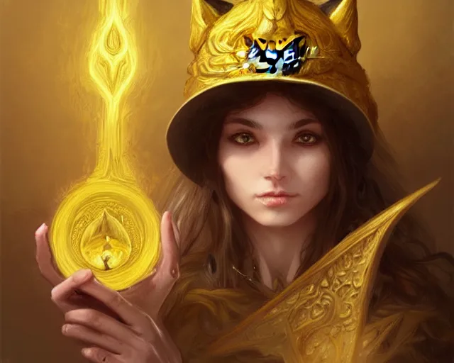 Prompt: a mind - blowing portrait of a cat wizard, yellow wizard hat, anthropomorphic, deep focus, d & d, fantasy, intricate, elegant, highly detailed, digital painting, artstation, concept art, matte, sharp, illustration, hearthstone, art by artgerm and greg rutkowski and alphonse mucha