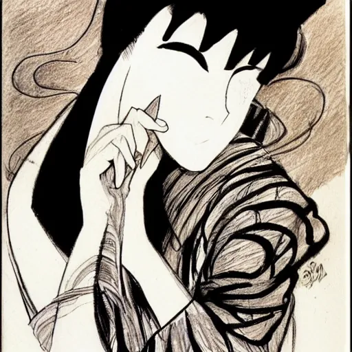 Image similar to a drawing by sergio toppi of a geisha