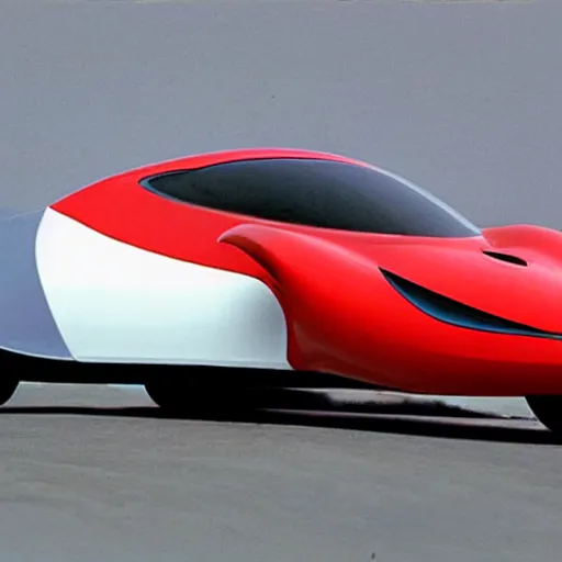 Image similar to a. new design car with undercarriage swoops like a dolphin's belly. this reduces drag, or the force of air flowing against the motion of the vehicle is curved at the nose, wide along the sides and tapered toward the trunk like a small, speedy aircraft