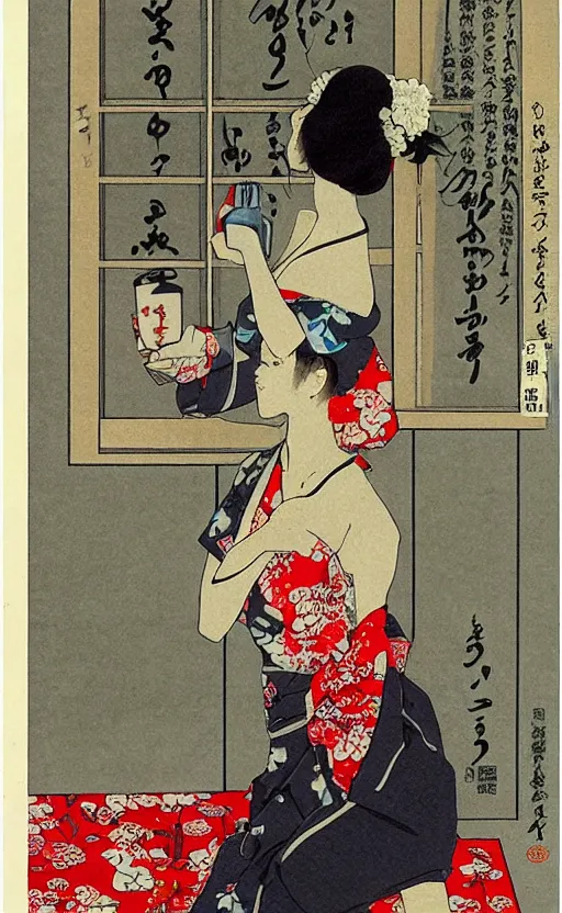 Prompt: by akio watanabe, manga art, girl is drinking sake and look outside of window, trading card front, kimono, realistic anatomy, sun in the background