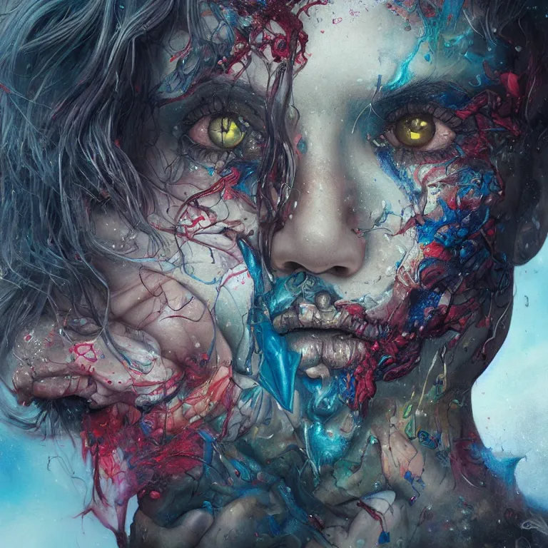 Image similar to dream portrait of the awakening of my 3rd eye,full character, melting ,8k,by tristan eaton,Stanley Artgermm,Tom Bagshaw,Greg Rutkowski,Carne Griffiths, Ayami Kojima, Beksinski, Giger,trending on DeviantArt,face enhance,hyper detailed,minimalist,horror, android, full of colour