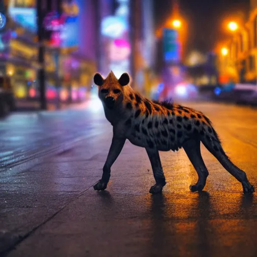 Prompt: a high quality low wide angle photo of a hyena on the streets of a cyberpunk city, rainy, reflective ground, neon lights, realism, 8k