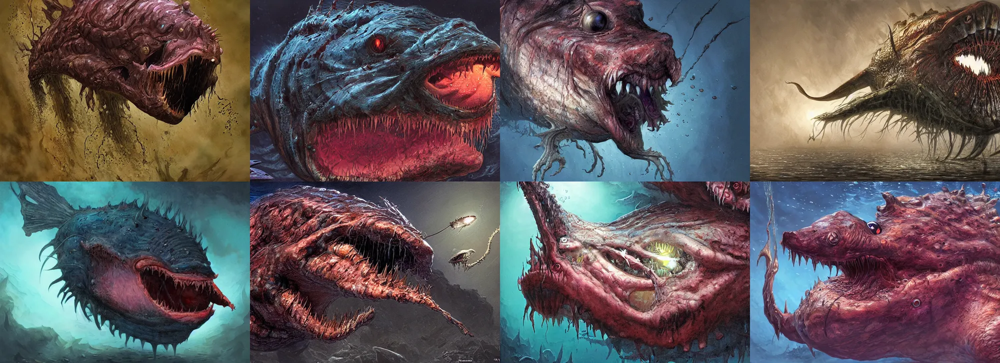 Prompt: a monstrous mutant anglerfish coming out of the dark with its mouth wide open, underwater, by neville page and wayne barlowe, ( ( ( horror art ) ) ), close up, wide angle, dramatic lighting, highly detailed digital painting