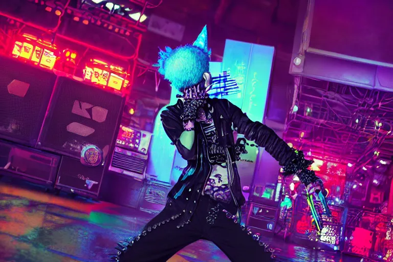 Image similar to 3 d render of a punk at a japanese metal concert in a cyberpunk world, made using maya and arnold, bright neon colors, intricate details, complementary colors, detailed face, backlighting, octane render, depth of field, extremely detailed, trending in artstation, focus on face, sharp focus, radiant light, raytraced, ray tracing, 8 k, beautiful composition