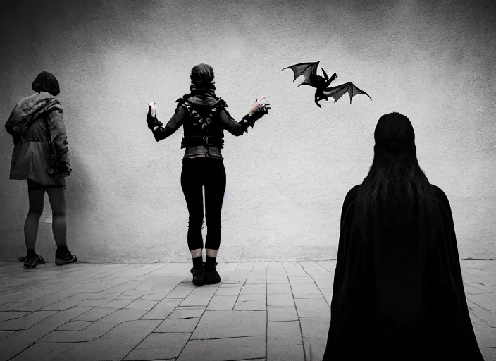 Image similar to scared female rogue who came only to look at the real dragon, symmetrical, cinematic, real photography