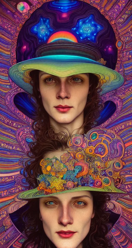 Prompt: An extremely psychedelic celestial smiling Larry Harvey white fedora hat, colorful, surreal, dramatic lighting, magic mushrooms, psilocybin, LSD, detailed, intricate, elegant, highly detailed, digital painting, artstation, concept art, smooth, sharp focus, illustration, art by Krenz Cushart and Artem Demura and alphonse mucha