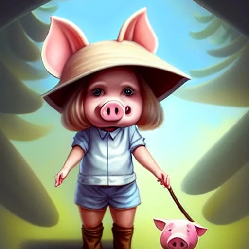 Image similar to cute little anthropomorphic funny female pig wearing shorts, a sunhat, boots and a pale blue shirt!! tiny!! fully clothed!!! small, short, cute and adorable, character art portrait, matte fantasy painting, deviantart artstation, by jason felix by steve argyle by tyler jacobson by peter mohrbacher, cinema