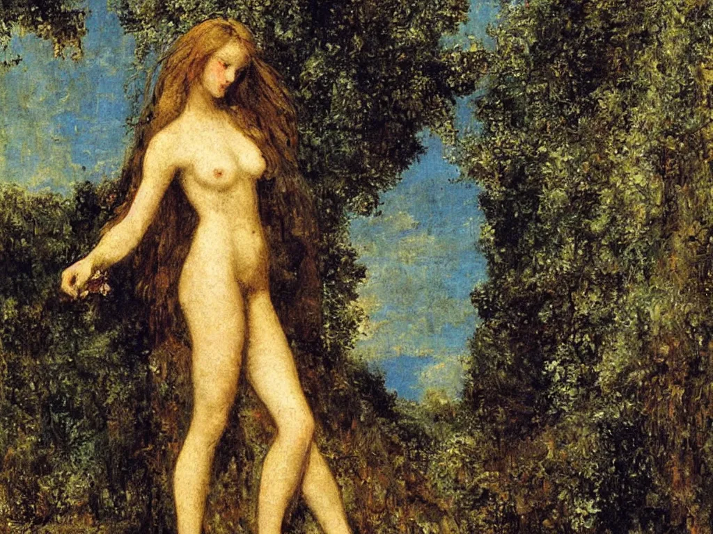 Image similar to figure with scenery. painting by gustave moreau