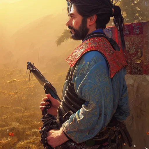 Image similar to Highly detailed portrait of Kurdish samurai, Stephen Bliss, unreal engine, fantasy art by Greg Rutkowski, Loish, Rhads, ferdinand knab, Makoto Shinkai and Lois van baarle, ilya kuvshinov, rossdraws, Tom Bagshaw, alphonse mucha, global illumination, radiant light, detailed and intricate environment, highly detailed, award winning art