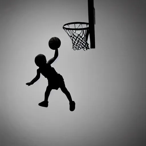 Prompt: a baby dunking a basketball, close up, dramatic action photography
