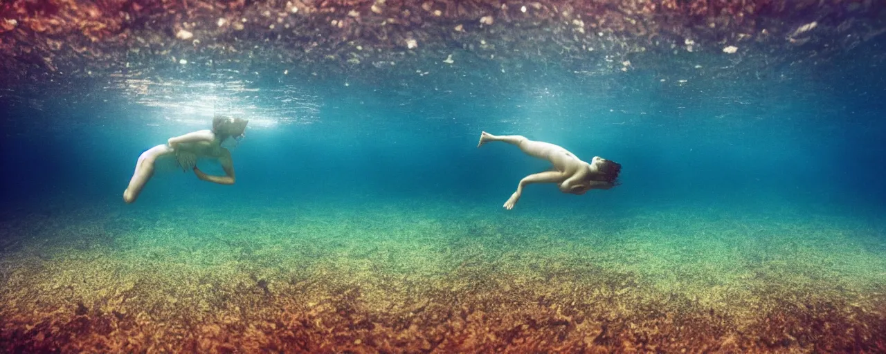 Image similar to one beautiful female swimming alone in a deep trench , looking toward the sun rays and caustics, film , cinematic, underwater photography