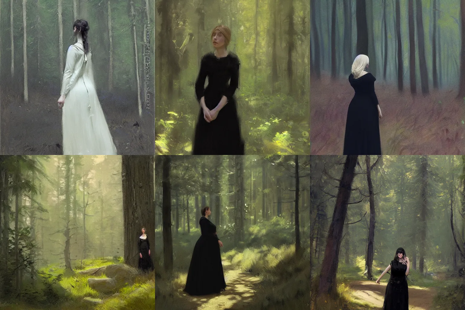 Prompt: woman wearing a black dress in a forest, by jeremy lipking, rpg fantasy art