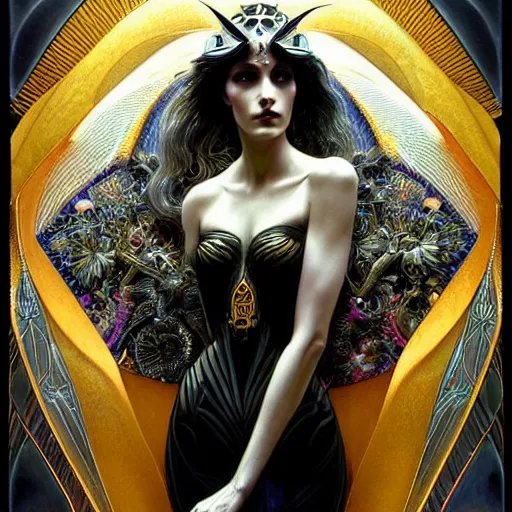 Prompt: extremely psychedelic beautiful cyborg queen of lsd infected by night. intricate, elegant, highly detailed, extremely lifelike photorealistic digital painting, artstation. steichen, gaston bussiere, tom bagshaw, cyberpunk alphonse mucha. elegant minimalism. anatomically correct. sultry. sharp focus. gold and black, white accents. melancholic. lifelike