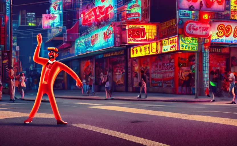 Image similar to hot dog man dancing on a street corner, cyberpunk, detailed, 4 k