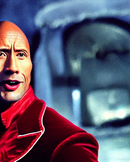 Image similar to Film still close-up shot of Dwayne Johnson as Willy Wonka from the movie Willy Wonka & The Chocolate Factory. Photographic, photography