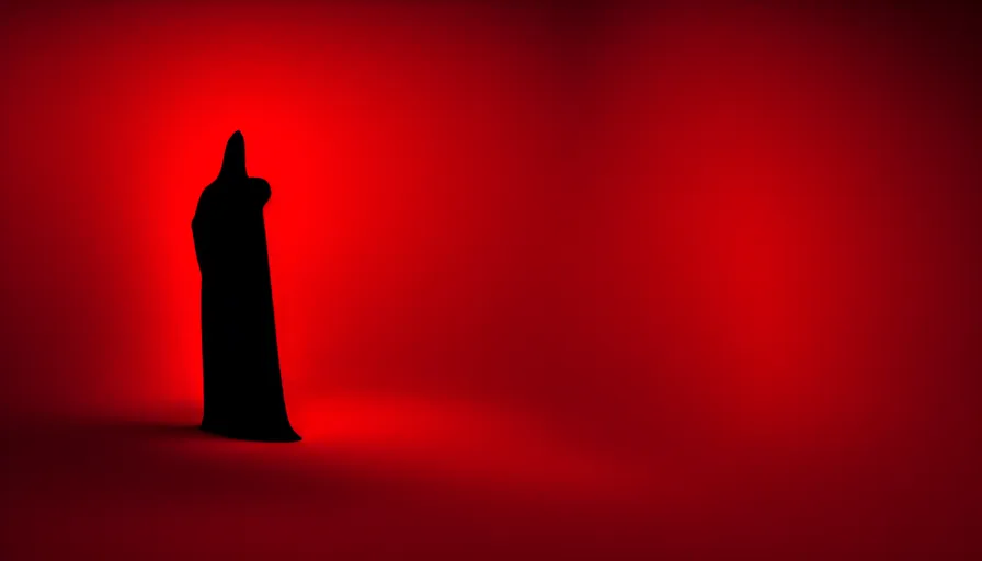 Image similar to enigmatic figure wrapped in red sheet in darkness, high contrast, hard light, digital art, rendering, cloth simulation, redshift