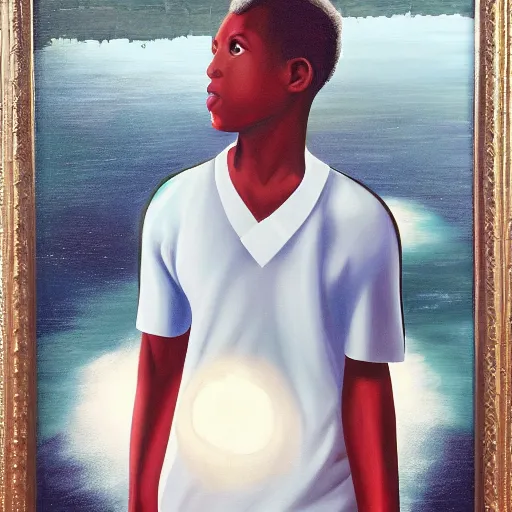 Prompt: a retro realistic painting of a ghost!!! shining in a lake while a black kid! stares at it with a florest! in the background, a scenic view, realistic, volumetric light, detaliesd painting by Kehind Wiley, trending on artstation.