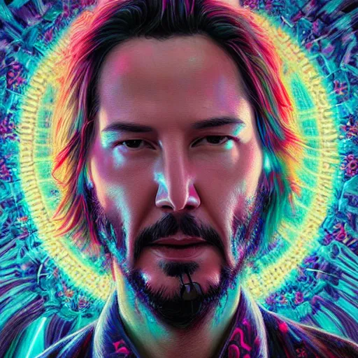 Image similar to portrait of keanu reeves, hyper detailed masterpiece, neon floral pattern, jean giraud, digital art painting, darkwave goth aesthetic, psychedelic, artgerm, donato giancola and tom bagshaw