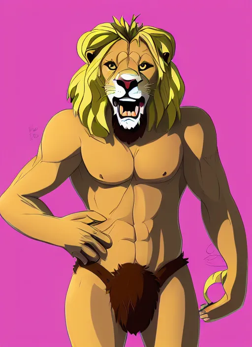 Image similar to digital painting of a lion wearing a loincloth, fursona, furry art, stylized, cel shaded, ultra detailed, anime key visual, wlop