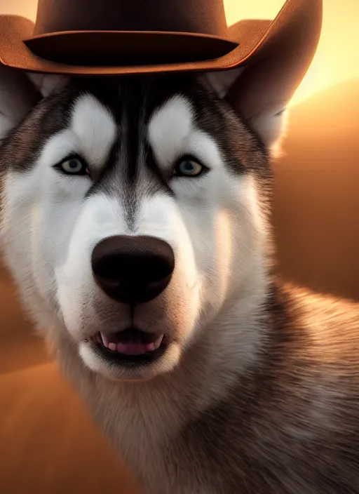 Prompt: a portrait of 8k ultra realistic a husky in a brown trench coat and cowboy hat, face enhance, cinematic lighting, trending on artstation, 4k, hyperrealistic, focused, extreme details, cinematic, masterpiece