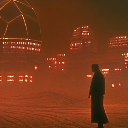 Image similar to 35mm film still blade runner set on Mars in an neon city, domes made of glas