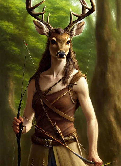 Image similar to a film still portrait of a deer elven archer, finely detailed features, cinematic lighting, perfect art, brian jacques redwall woodland, forest, intricate, artstation, trending on pixiv fanbox, painted by brian jacques greg rutkowski, studio ghibli, fantasy, 4 k