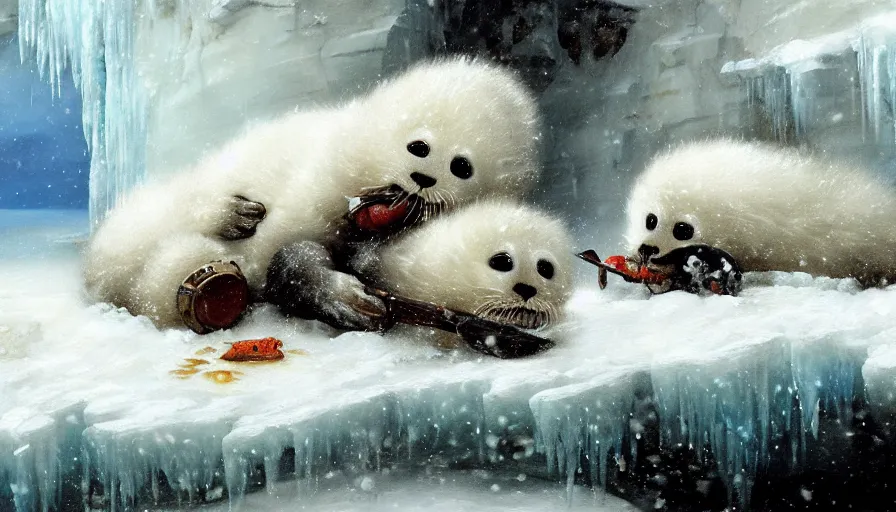 Image similar to highly detailed closeup painting of cute furry white baby seals eating fish inside a snowy fantasy ice crystal cavern by william turner, by greg rutkowski, by william constable, thick brush strokes and visible paint layers, 4 k resolution