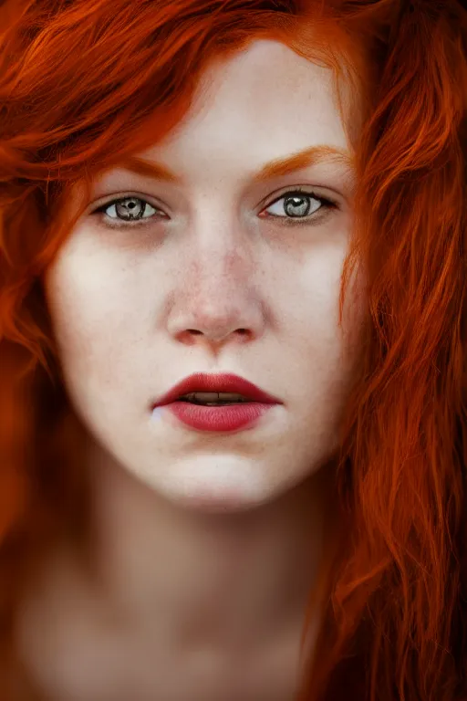 Image similar to intense portrait of a redheaded huntress, age 23, by jake hicks, by michael malm, 55mm, f/1.2, cinematic lighting, dark background