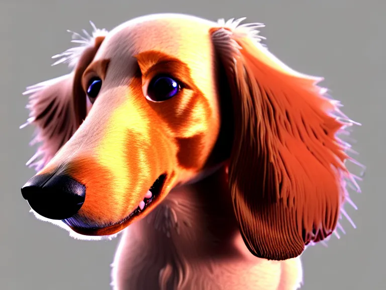 Image similar to high quality 3 d render hyperrealist very cute fluffy dachshund dog, plush mascot, long spiky fluffy smooth hair, photo from the side, multi pastel colors, vray, smooth background, artstation, ultra detailed