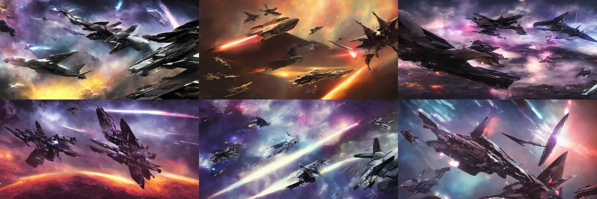 Prompt: Air fight, jet fighter, explosion, mecha, future fighter, dark color, dusk and stars at night, nebula at background, detailed, art by Stephan Martiniere, 4k resolution