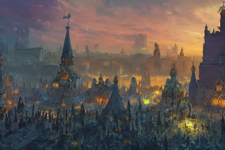 Prompt: kyiv in style of world of warcraft stormwind, kyiv, ukraine, maidan, independence square, khreschatyk, alliance, army of light, illustration in style of darek zabrocki, noah bradley, cinematic