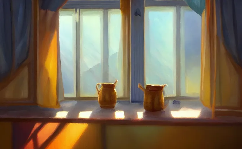 Image similar to rays of the morning sun shining through the window of the village house. very beautiful, clear sky, warm shiny colors, oil painting, high detail, trending on artstation