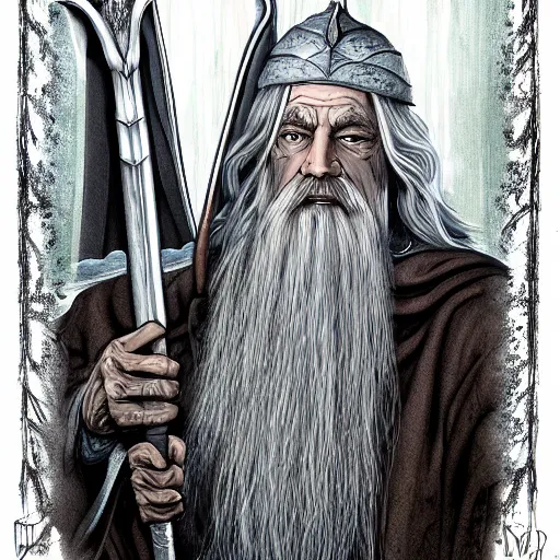 Image similar to detailed digital art of gandalf the grey with the fellowship of the ring in the mines of moria