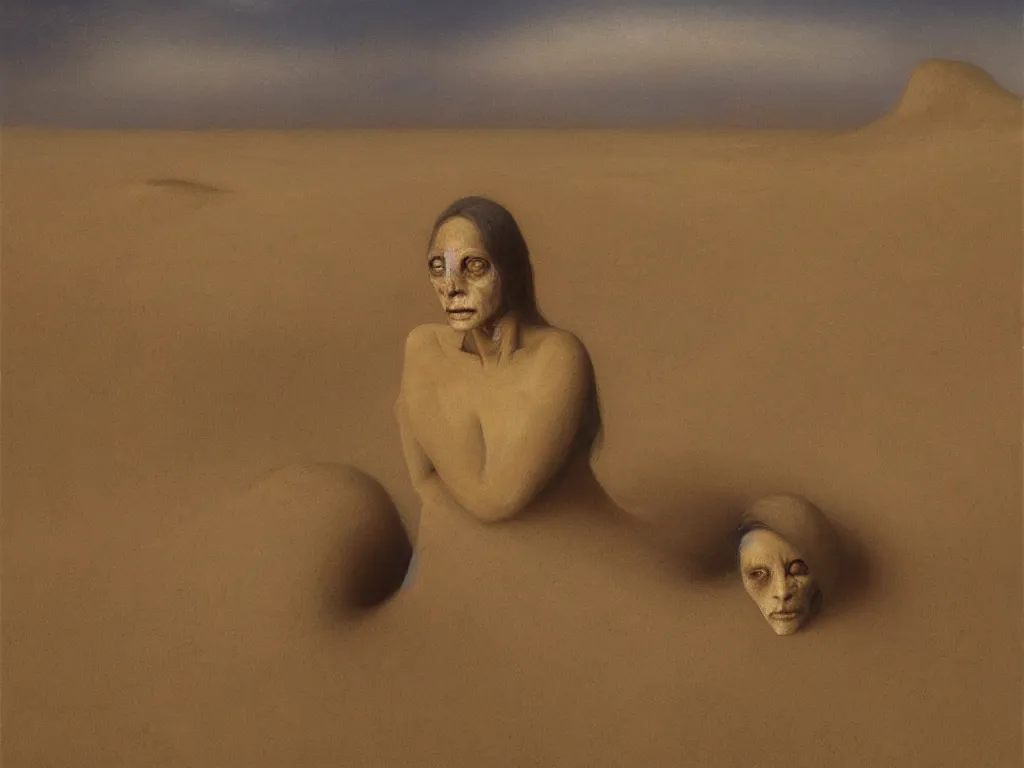 Image similar to Portrait of an alien woman living in aurora deserted dried riverbed. Painting by Odd Nerdrum