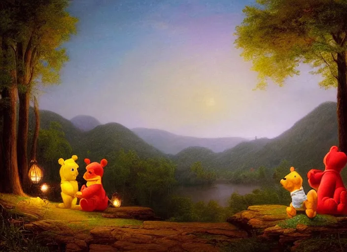 Image similar to american realist romanticism landscape painting of winnie the pooh characters at night, night time, colorful paper lanterns, in the style of hudson river school and thomas cole and albert bierstadt and robert duncanson