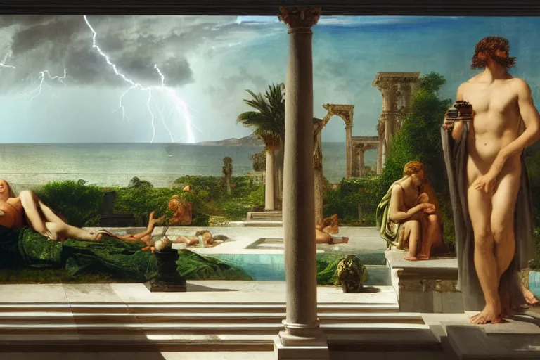 Image similar to mediterranean balustrade and columns, refracted lightnings on the ocean, thunderstorm, sun rays, greek pool, beach and Tropical vegetation on the background major arcana sky and occult symbols, by paul delaroche, hyperrealistic 4k uhd, award-winning, very detailed paradise