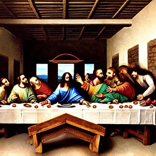 Image similar to the vampires from the show What we do in the shadows in the painting of the last supper by Leonard Da Vinci , photograph, ultrarealistic