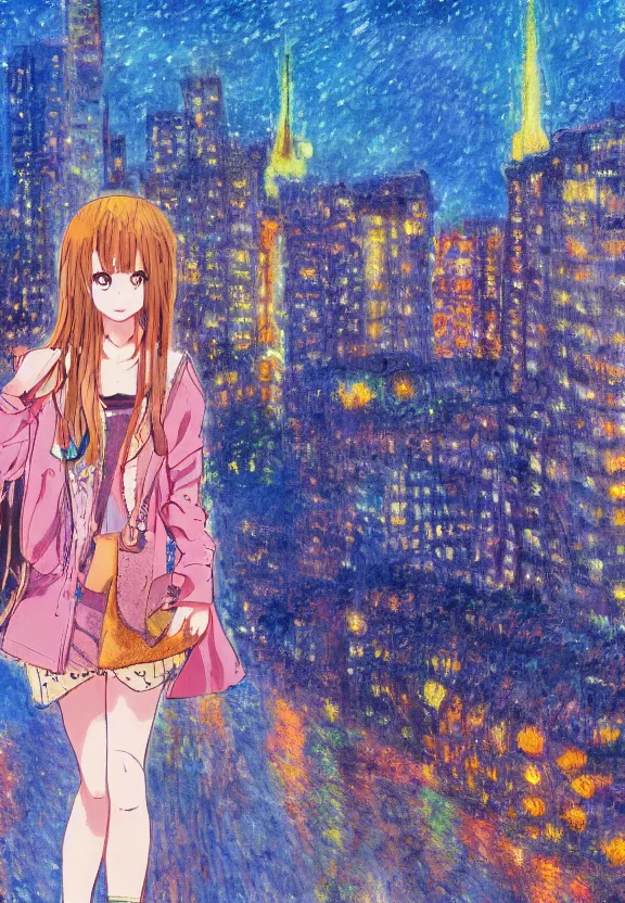 Image similar to wide angle anime portrait of a teenage girl, a thrifty outfit, very anime in impressionist style, city street view background, starlit night sky, trending artwork, anime painter studio, by claude monet