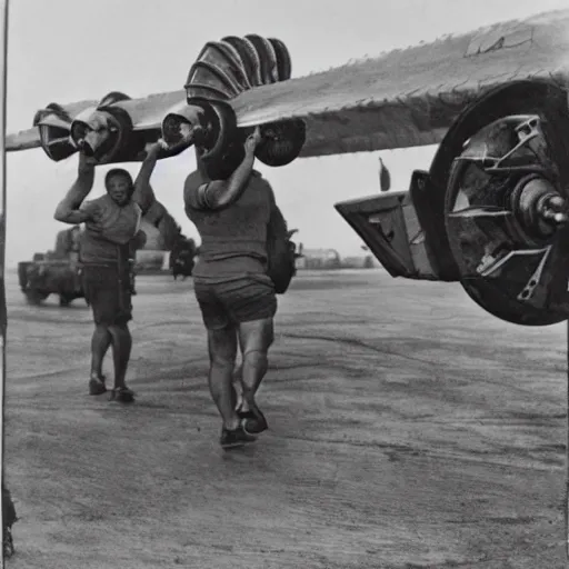 Prompt: a muscular bald man carrying two turbine engines on his back