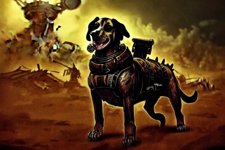 Image similar to a hound dog fursona ( from the furry fandom ), heavily armed and armored facing down armageddon in a dark and gritty version from the makers of mad max : fury road. witness me.