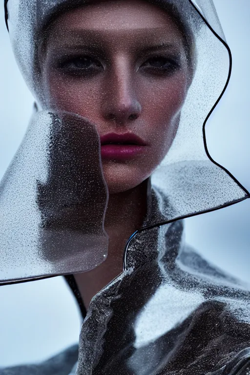 Image similar to an ultra high definition professional high fashion portrait studio full length photograph of a model wearing a transparent pearlescent raincoat and neon visor in an icelandic black rock environment at dawn. no artefacts. extremely detailed. stark. refraction. shallow depth of field. volumetric light and shadow. ray tracing. light rays.