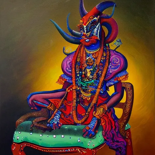 Prompt: a painting of a demon sitting on top of a chair, a detailed painting by ram chandra shukla, pixiv contest winner, bengal school of art, detailed painting, maximalist, art on instagram