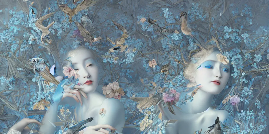 Image similar to breathtaking detailed concept art painting art deco pattern of blonde faces goddesses amalmation light - blue flowers with anxious piercing eyes and blend of flowers and birds, by hsiao - ron cheng and john james audubon, bizarre compositions, exquisite detail, extremely moody lighting, 8 k