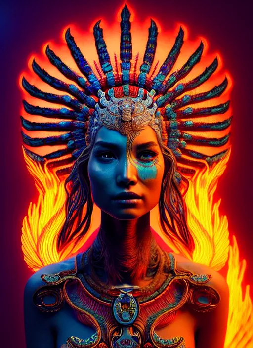 Image similar to a wlop 3 d portrait of a goddess, 8 k micro details beautiful intricate highly detailed quetzalcoatl skull and feathers. fire, galaxy, artwork by tooth wu and wlop and beeple and greg rutkowski, trending on artstation,