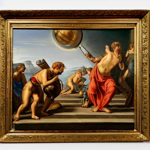 Prompt: oil painting of Ancient Romans discovering Jupiter with a telescope