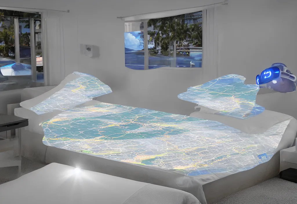 Image similar to curved translucent bedsheets projecting detailed florida weathermap, pixel perfect photograph, high contrast, volumetric lighting, thin glowing lights, bedroom, visor, users, pair of keycards on table