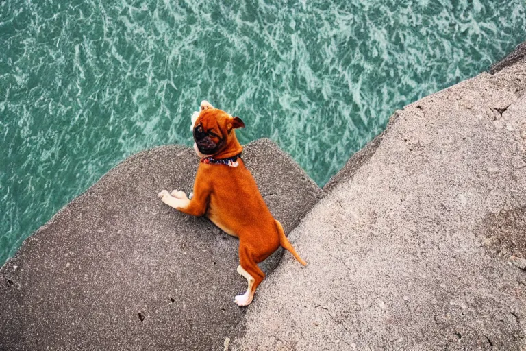 Prompt: an high angle view of a scared puppy that is looking directly down at the water below while standing at the edge