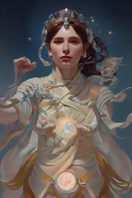 Prompt: goddess of space and time, accurate anatomy, only two hands, highly detailed, digital painting, artstation, concept art, smooth, sharp focus, illustration, Unreal Engine 5, 8K, art by sakimichan and greg rutkowski and alphonse Mucha